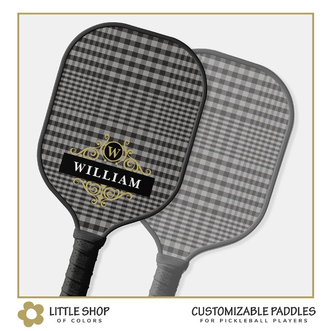 Elegant Black Grey Glen Plaid Gold Monogram Pickleball Paddle (Creator Uploaded)