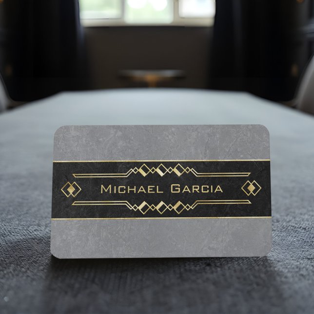 Elegant Black Grey Gold Art Deco Legal, Financial  Business Card (Sophisticated black and gray business cards with gold Art Deco accents, elegant and professional.)
