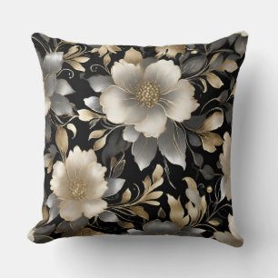 Elegant Black Grey Gold Cream Dark Floral Print Cushion