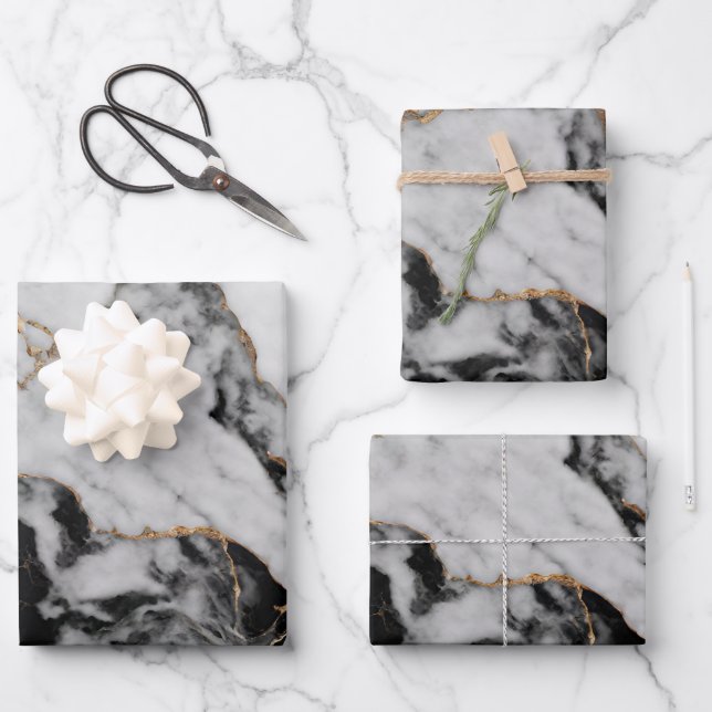 Elegant Black Grey Gold Marble Wrapping Paper Sheet (Front)