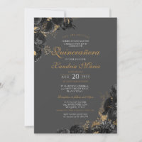 Elegant Black Grey Gold Rose Floral Quinceanera