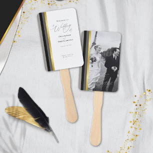 Elegant Black Grey Gold Stripe Photo Wedding Hand Fan