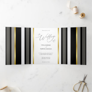 Elegant Black Grey Gold Stripe Photo Wedding  Tri-Fold Card