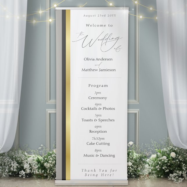 Elegant Black Grey Gold Stripe Wedding Program Retractable Banner (Creator Uploaded)