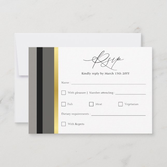 Elegant Black Grey Gold Stripe Wedding RSVP Card (Front)