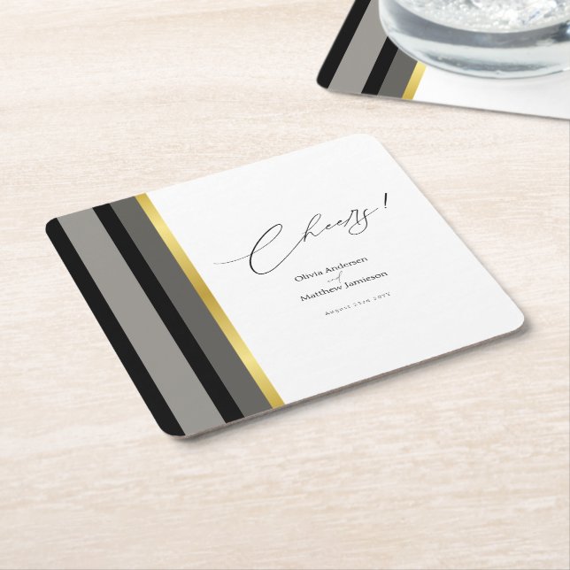 Elegant Black Grey Gold Stripe Wedding Square Paper Coaster (Angled)