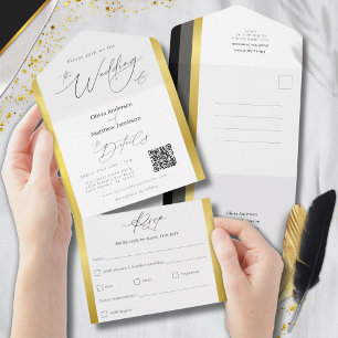 Elegant Black Grey Gold Stripes Typography Wedding All In One Invitation