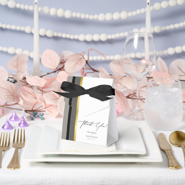 Elegant Black Grey Gold Stripes Typography Wedding Favour Box (Wedding)