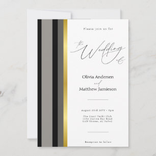 Elegant Black Grey Gold Stripes Typography Wedding Invitation