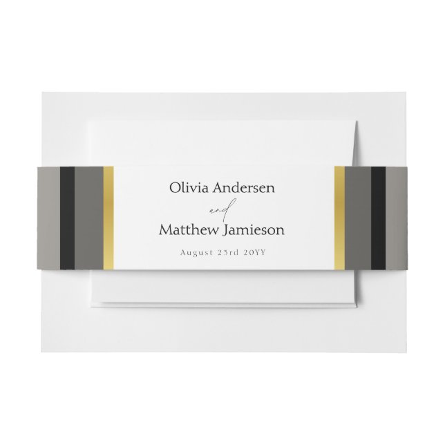 Elegant Black Grey Gold Stripes Typography Wedding Invitation Belly Band (Front Example)