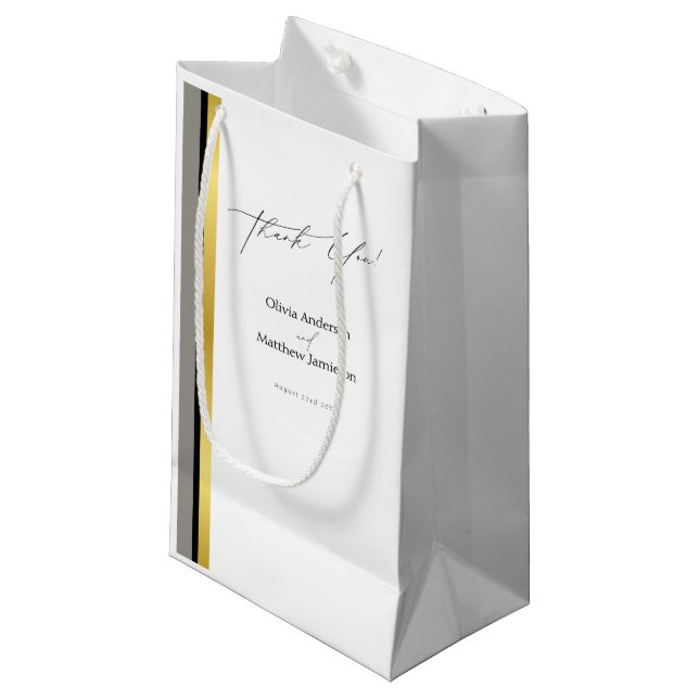 Elegant Black Grey Gold Stripes Typography Wedding Small Gift Bag (Front Angled)