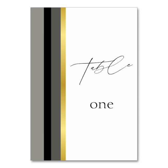 Elegant Black Grey Gold Stripes Typography Wedding Table Number (Front)