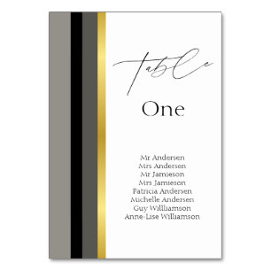 Elegant Black Grey Gold Stripes Typography Wedding Table Number