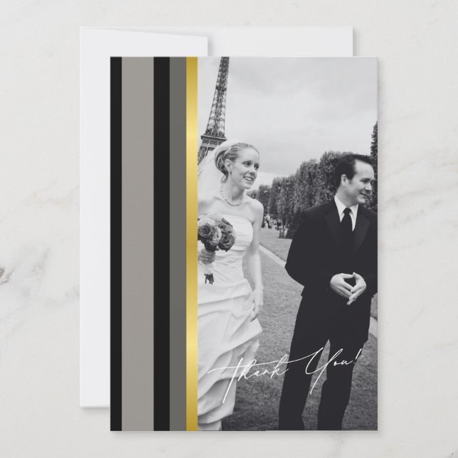 Elegant Black Grey Gold Stripes Typography Wedding Thank You Card (Front)