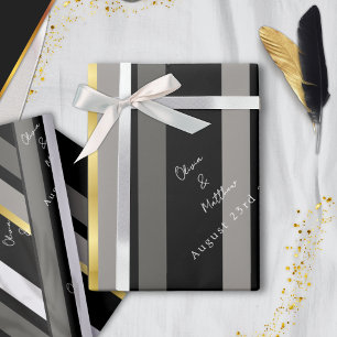 Elegant Black Grey Gold Stripes Typography Wedding Wrapping Paper