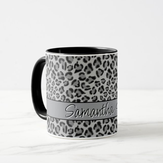 Elegant Black grey Leopard cheetah pattern Mug (Front Left)