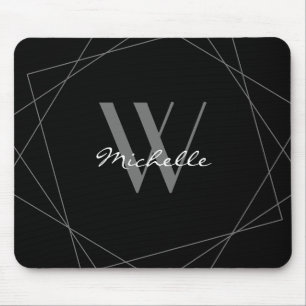 Elegant Black Grey Monogram Geometric Name Script Mouse Mat