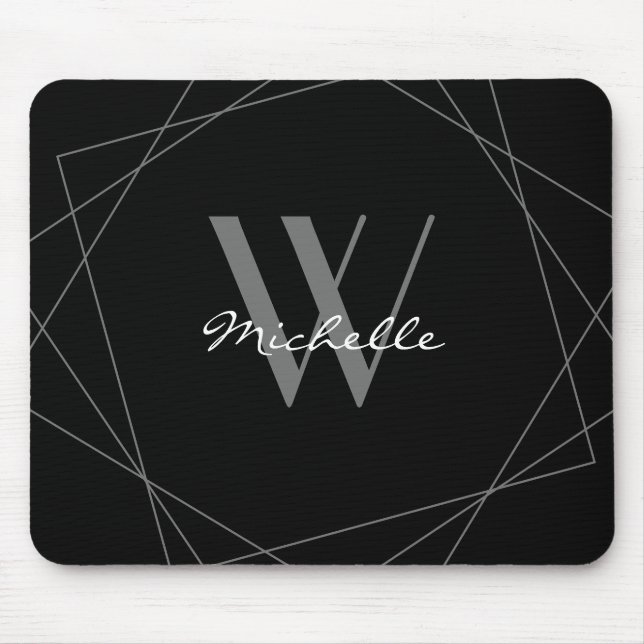 Elegant Black Grey Monogram Geometric Name Script Mouse Mat (Front)