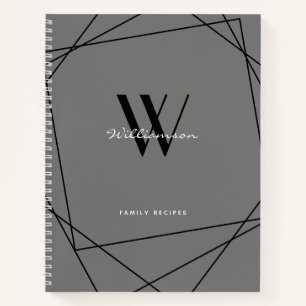 Elegant Black Grey Monogram Name Family Recipe Notebook