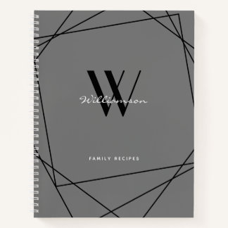 Elegant Black Grey Monogram Name Family Recipe Notebook