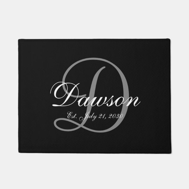 Elegant Black Grey Monogram Name Newlyweds Wedding Doormat (Front)