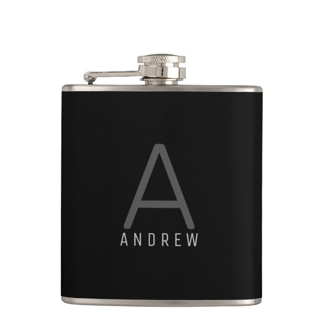 Elegant Black Grey Monogram Personalised Hip Flask (Front)