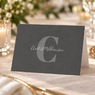 Elegant Black Grey Monogram Script Name Stationery Note Card