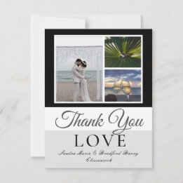 Elegant Black Grey Script Wedding Photo collage  Thank You Card