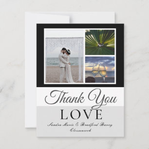 Elegant Black Grey Script Wedding Photo collage  Thank You Card