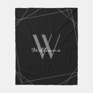 Elegant Black Grey Silver Monogram Name Script Fleece Blanket