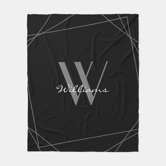 Elegant Black Grey Silver Monogram Name Script Fleece Blanket (Front)