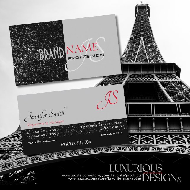 Elegant Black Grey Tiny Glittered Stars Initials Business Card (Creator Uploaded)