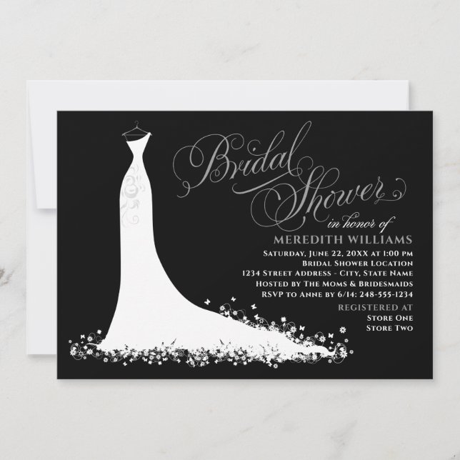 Elegant Black Grey Wedding Gown Bridal Shower Invitation (Front)