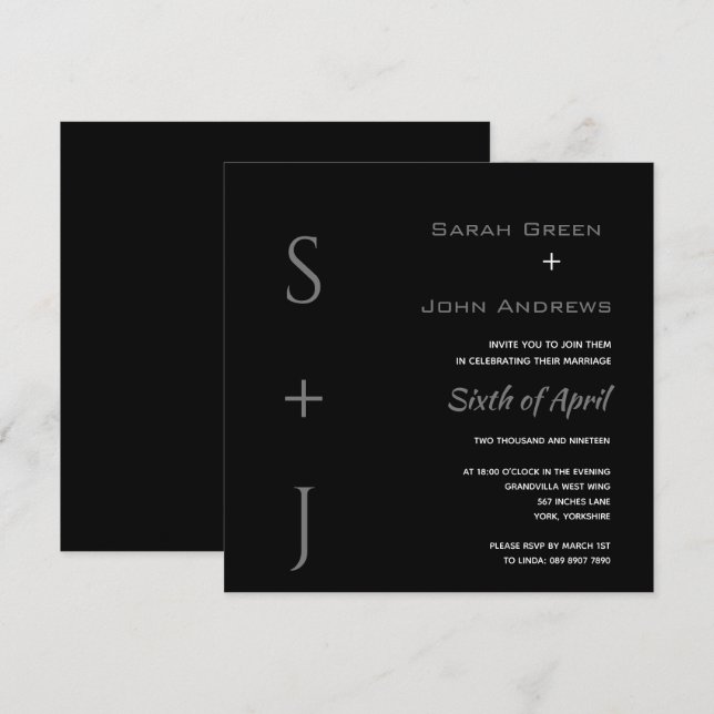 Elegant Black Grey Wedding Square Invitation (Front/Back)