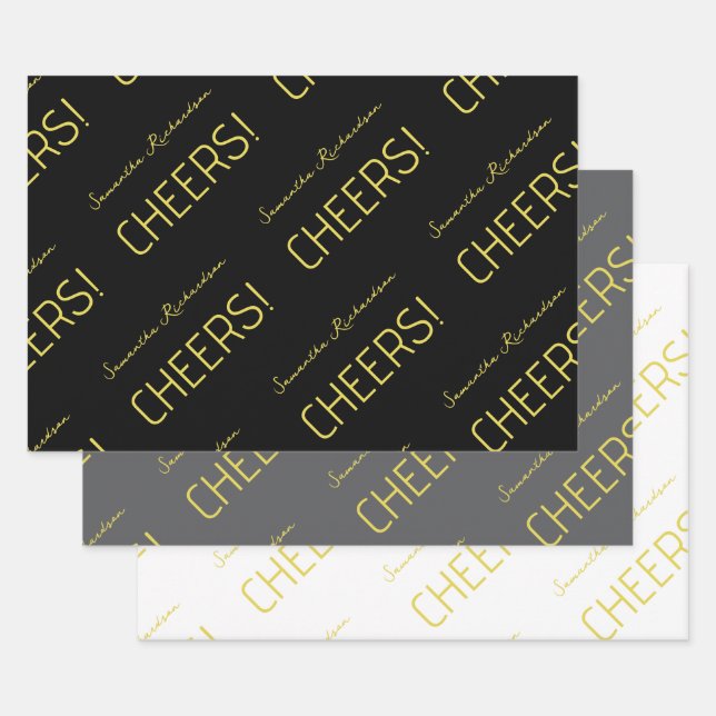 Elegant Black Grey White Gold Script  Name Wrapping Paper Sheet (Set)