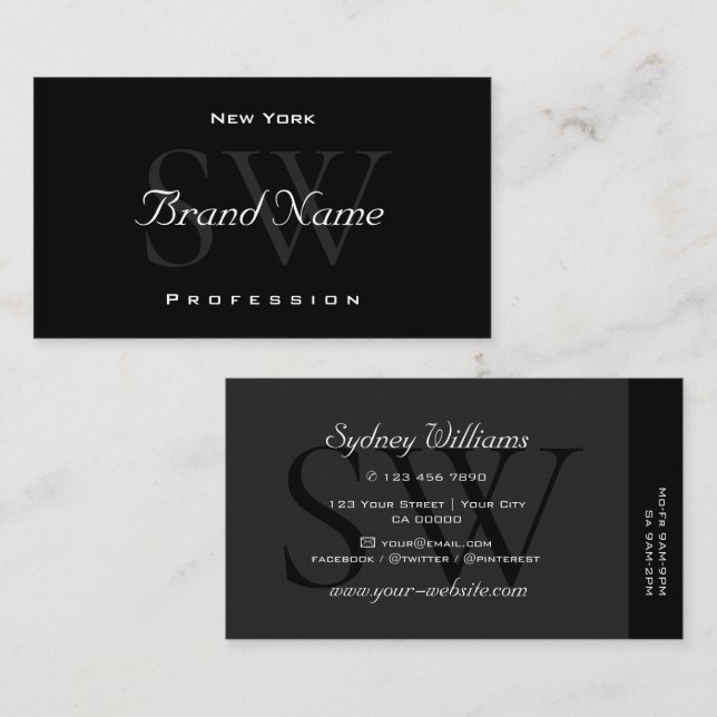 Elegant Black Grey White Large Initials Quality Business Card (Front/Back)