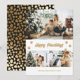 Elegant Black Happy Pawlidays Gold Stars Photo Holiday Card