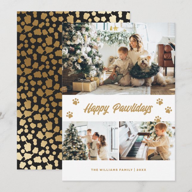 Elegant Black Happy Pawlidays Gold Stars Photo Holiday Card (Front/Back)