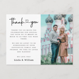 Elegant Black Heart Script Photo Wedding Thank You Postcard