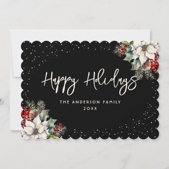 Elegant Black Holly Berries White Poinsettia Holiday Card (Front)
