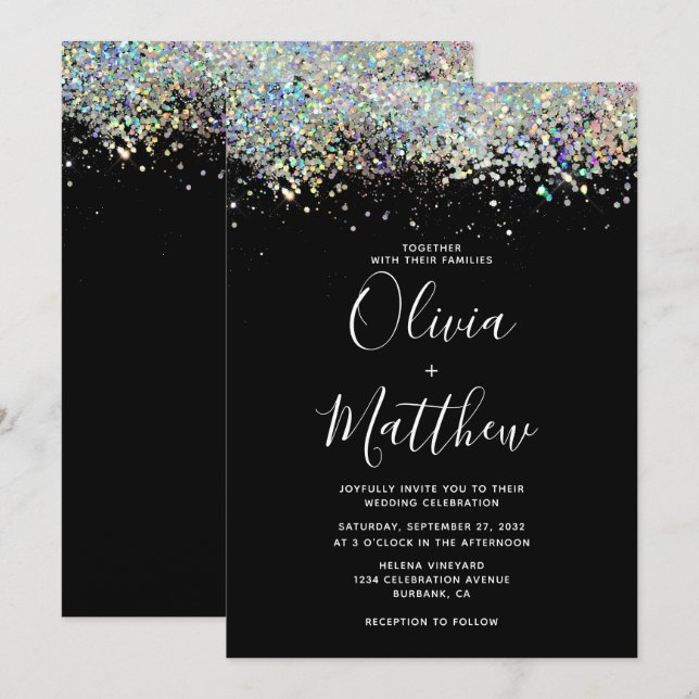 Elegant Black Holographic Glitter Wedding Invitation (Front/Back)