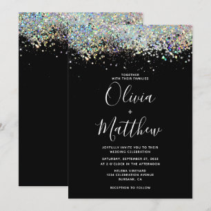 Elegant Black Holographic Glitter Wedding Invitation