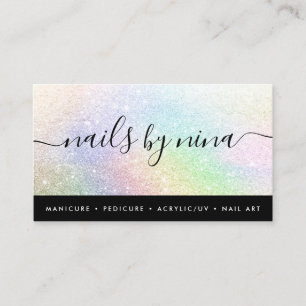 Elegant black holographic rainbow glitter script business card