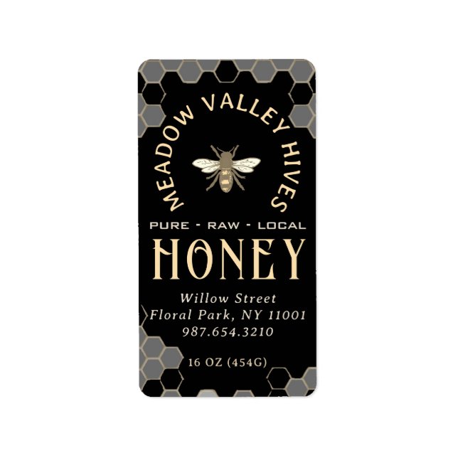 Elegant Black HONEY Label with Honeybee and Bee  (Front)