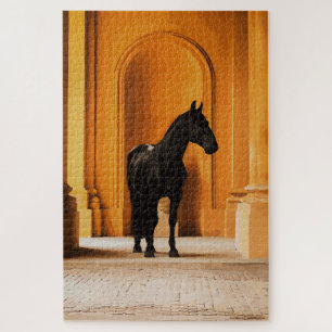 Elegant Black Horse in Golden Archway Jigsaw Puzzle