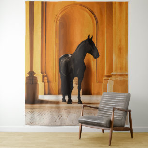 Elegant Black Horse in Golden Archway Tapestry