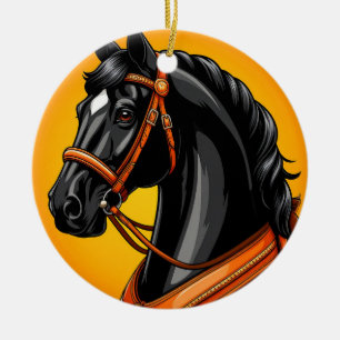 Elegant Black Horse Portrait Ceramic Tree Decoration