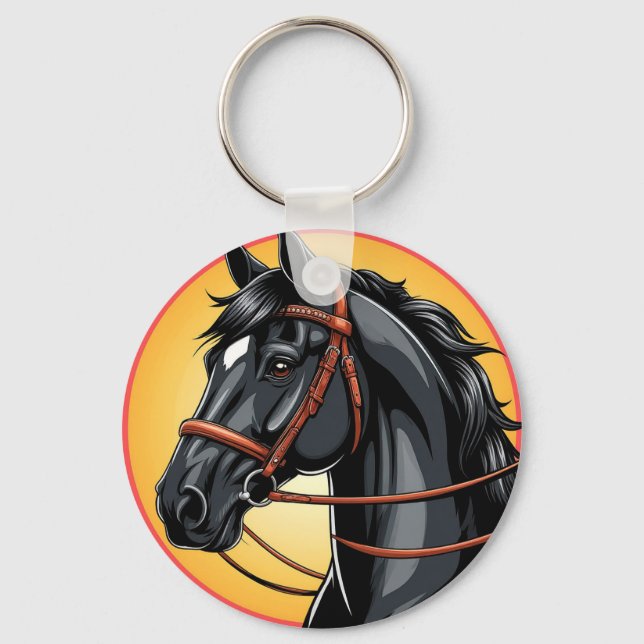 Elegant Black Horse Portrait Key Ring (Front)