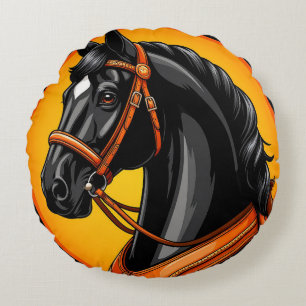 Elegant Black Horse Portrait Round Cushion