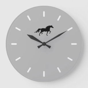 Elegant Black Horse Silhouette on Silver Grey Large Clock